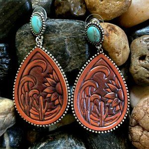 Sunflower Earrings Cactus turquoise Tooled Leather